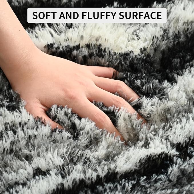 Tepook Soft Fluffy Rugs for Bedroom, 4x6 Area Rug for Living Room, Modern Shaggy Room Rug for Kids Boys Girls, Plush Throw Rugs Indoor Nursery Home Decor Rug with Non-Slip Bottom, Black White