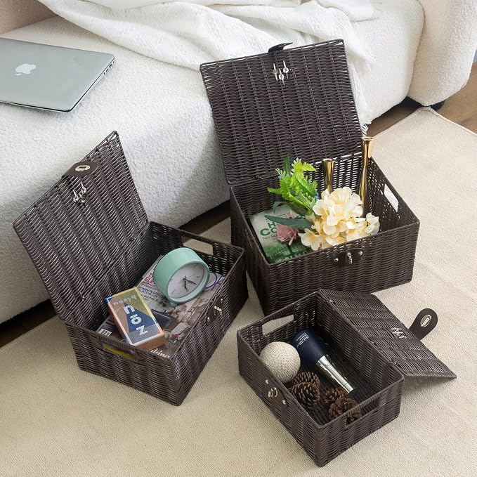 Set of 3 Woven Wicker Storage Basket Box with Lids & Lock, Built-in Carry Handles, Multifunctional Storage Organizer for Nursery, Baby, Clothes, Toys, Books, Large/Medium/Small Size (Brown)