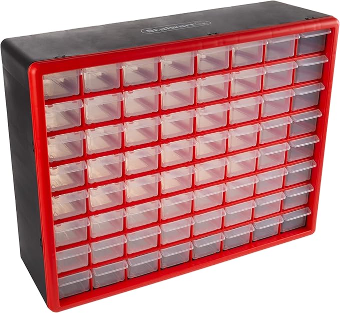 64-Drawer Storage Organizer - Plastic Drawers for Organization - Desktop or Wall-Mounted Container for Hardware, Tools, and Beads by Stalwart (Red)