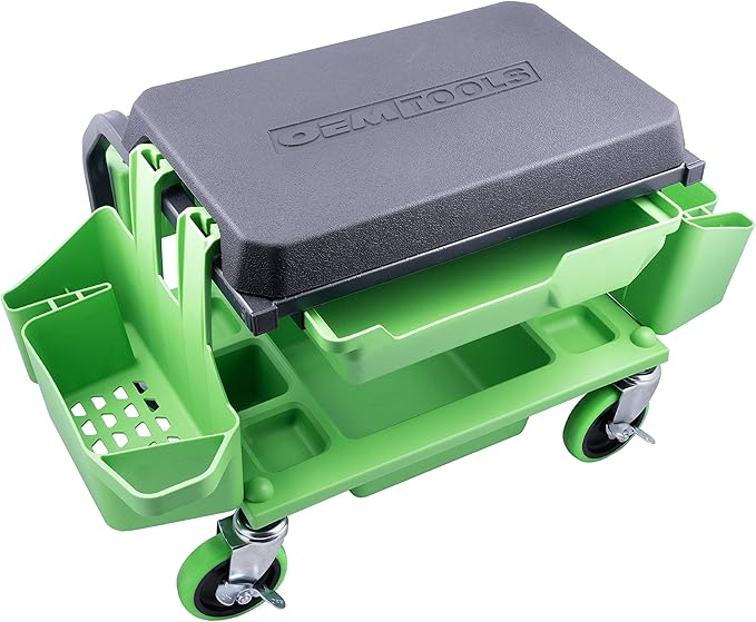 OEMTOOLS Sidekick Rolling Mechanic Stool – 5 Tool Trays, Cushioned Seat, 330 lb Capacity (Green)