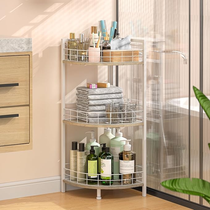 DAOUTIME Bathroom Standing Shelf, 3 Tier Free-Standing Shelf Units, Open Floor Shelves, Triangular Curved Corner Shelf Stand for Small Space, Ideal for Bathroom,Kitchen,Vanity Storage and Organizer
