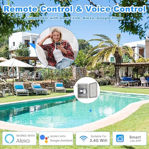 Outdoor Smart WiFi Outlet Box, Zuomeng Heavy Duty 50A Resistive 240VAC 40A 10HP Wireless Pool Pump Heater Control, Remote & Voice Control, Compatible with Smart Life Alexa Google Home