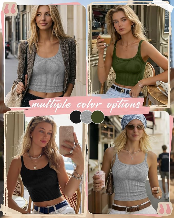 Ficerd 3 Pack Women's Tank Tops 95% Cotton Spaghetti Strap Ribbed Crop Camisole Slim Fitted Basic Summer Sleeveless Layer