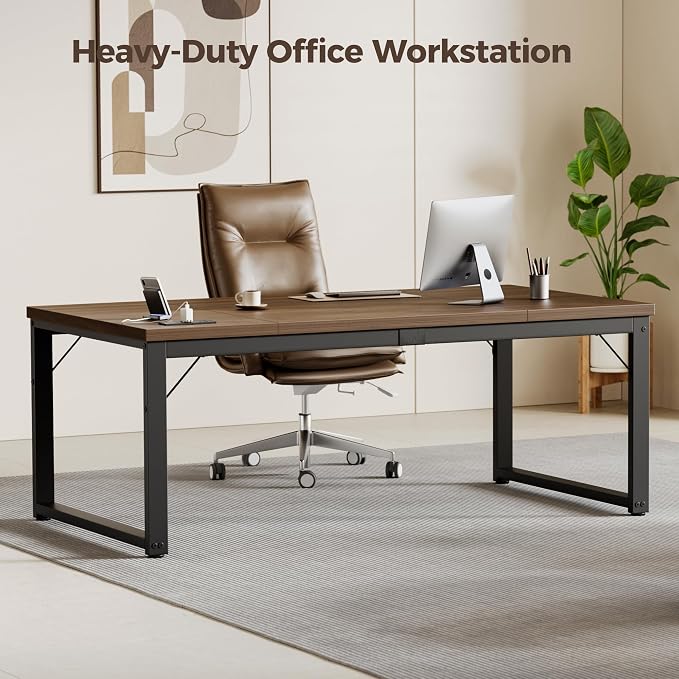 Mericonia 63 Inch Computer Desk with Power Outlets, 1.2" Thick Office Table | Modern Simple Style, Heavy Duty Industrial Frame, Large Study & Writing Table for Home Bedroom Work, Walnut