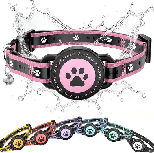 Airtag Cat Collar Breakaway, Reflective Cat Collar with AirTag Holder and Bell, Compatible with Apple Air Tag, Comfortable Padding, Adjustable, Durable (Pink, XS)