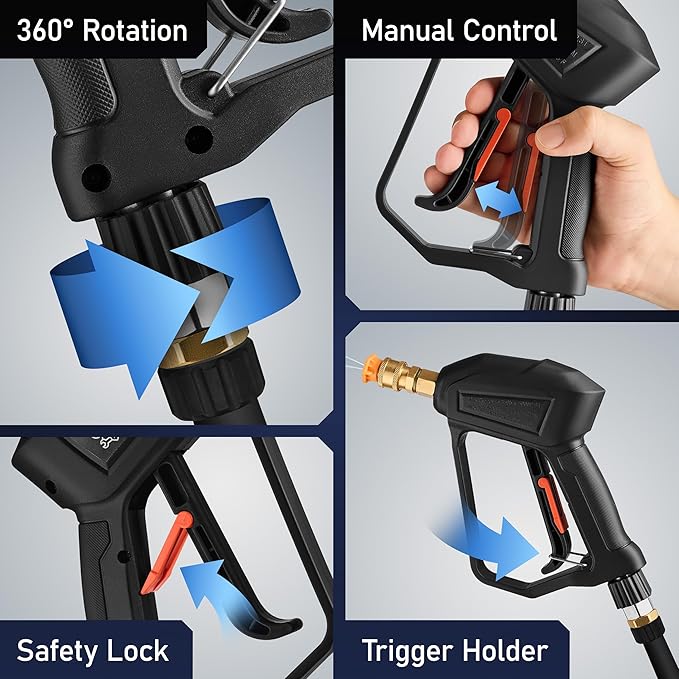Water Pressure Gun | High-Performance, Up to 5,000 PSI Car Wash Gun w/ 5 Nozzles for Stone, Brick, Metal, Wood, Glass | Pressure Washer Handle w/ 2 Adapters, 2 Sponges, Teflon Tape