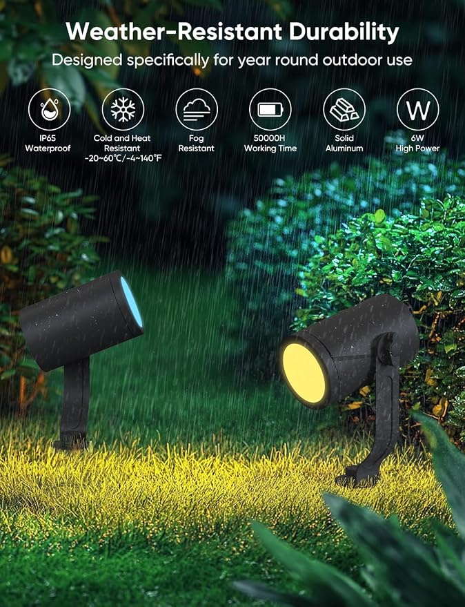 APPECK Smart Landscape Lighting Kit 12W, 2 Pack Outdoor Spot Lights RGBCW | Color Changing Landscape Lights, White Adjustable, for Garden Pathway Yard, Daily Holiday Decor, App/Remote/Voice Control