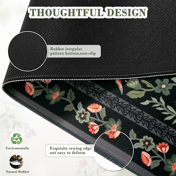 iCasso Floral Desk Mat,Mouse Pad for Office Decor,35.4x15.7in,Black | Back to School Desk Pad Mat, Anti-Slip Big Mousepad with Stitched Edges for Computer Desktop,Smooth Water-Resistant