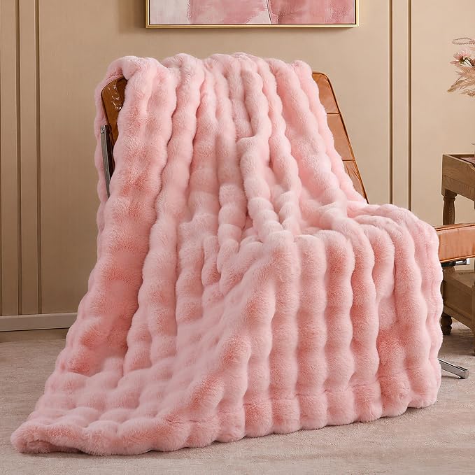 Faux Rabbit Fur Throw for Couch - Blush Pink Bubble Blanket 50"x60" | Fluffy Plush Fuzzy Throw for Sofa & Bed, Super Soft Cozy Comfrt Blanket, Luxury Aesthetic Pink Decor Gift for Women