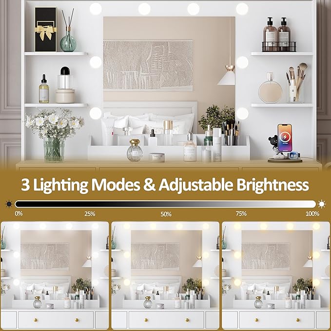 Vanity Desk with Mirror and Lights, Large Makeup Vanity Set with Power Outlet & RGB Glass Cabinet, 3 Drawers, White Vanity Mirror with Lights Dressing Table for Girls Women, 3 Color Modes