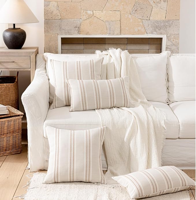 Hckot Terracotta Throw Pillow Covers 16x16 Set of 2 Striped Pillow Covers | Farmhouse Decorative Pillows Textured Linen Square Cushion Covers for Sofa Couch Bed Living Room Decor(Camel)