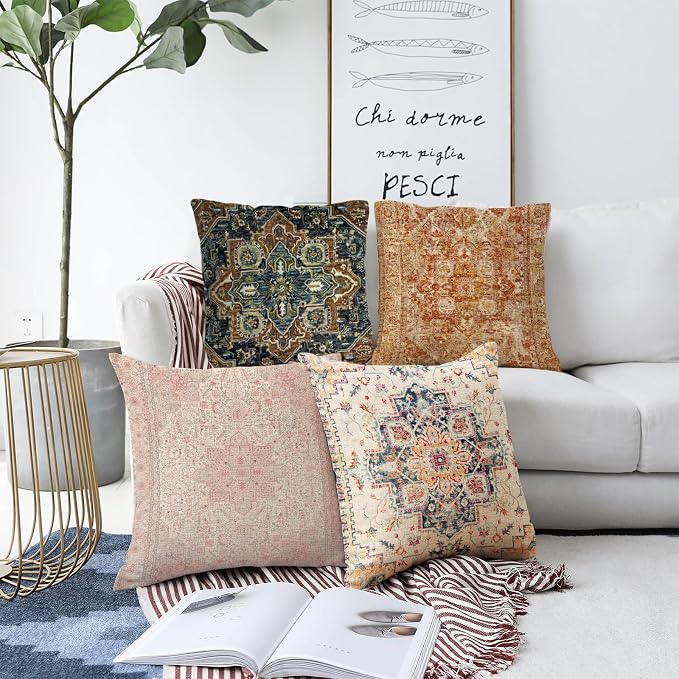 Boho Throw Pillow Covers 24x24 inch Set of 2,Boho Vintage Carpet Pattern Antique Ethnic Decor Double Sided Pattern Cushion Cover Soft Pillow Case Living Sofa Room Bed Square Pillow Cover