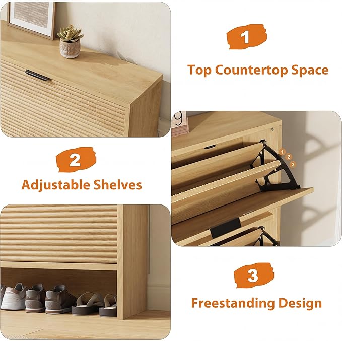Garvee Shoe Storage Cabinet for Entryway, Fluted Shoe Cabinet with 2 Flip Drawers Doors, 32" Wide Hidden Shoe Rack Tall Freestanding Shoe Organizer for Entrance, Hallway, Living Room, Natural