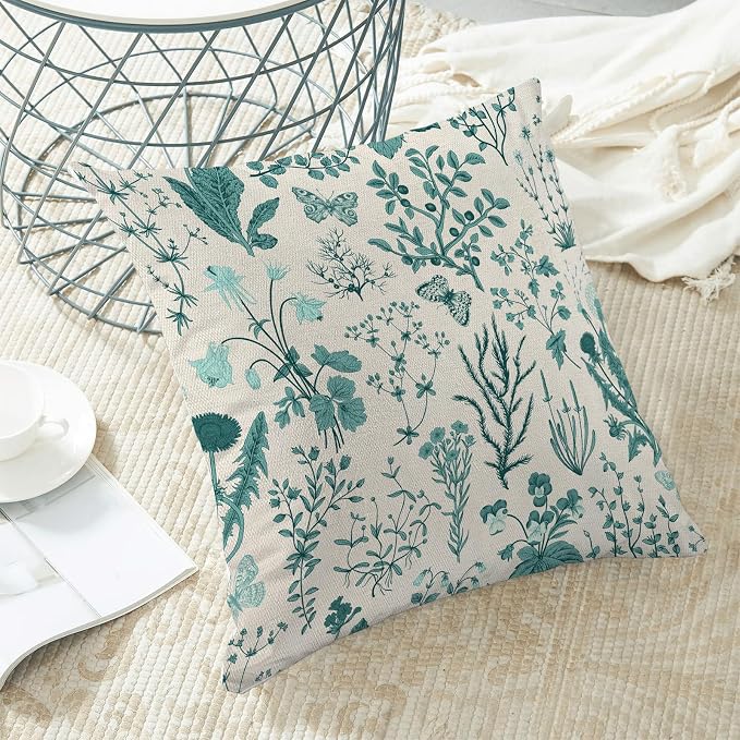 AEIOAE Summer Pillow Covers 20x20 Inch Set of 2,Teal Green Wild Flower Plant Throw Pillows Case,Seasonal Floral Outdoor Decorative Square Linen Farmhouse Decor Cushion Covers for Home Sofa Bed Couch