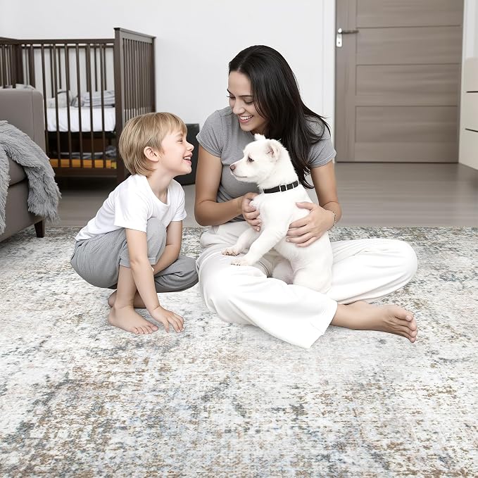 Round Area Rug for Living Room: 4 ft Washable Modern Abstract Soft Thin Rug Indoor Floor No Slip Stain Resistant Carpet for Bedroom Dining Room Farmhouse Nursery Home Office - Brown Grey