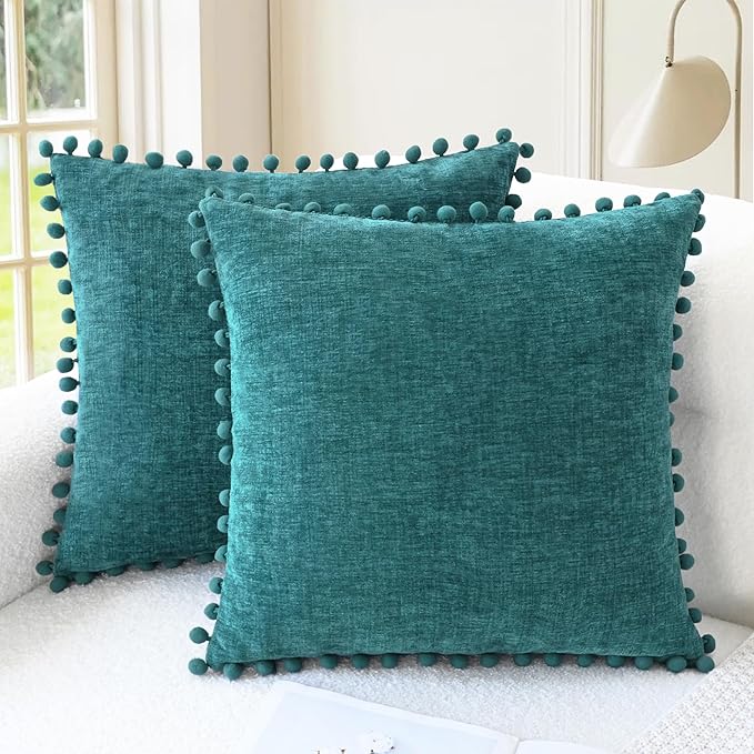 CaliTime Decorative Couch Throw Pillow Covers 16 X 16 Inches Teal | Pack of 2, Cozy Chenille Cushion Cases, with Pom Poms for Sofa Bed Living Room Farmhouse Home