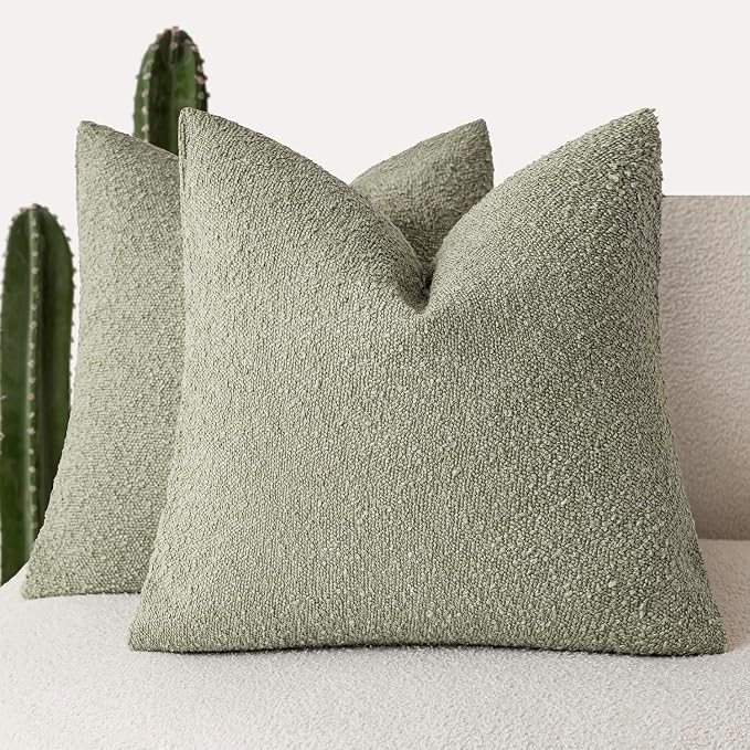 Foindtower Pack of 2 Textured Boucle Throw Pillow Covers Accent Solid Decorative Pillow Cases Cozy Woven Couch Cushion Case for Sofa Bedroom Living Room Home Decor 20x20 Inch Dirty Sage Green