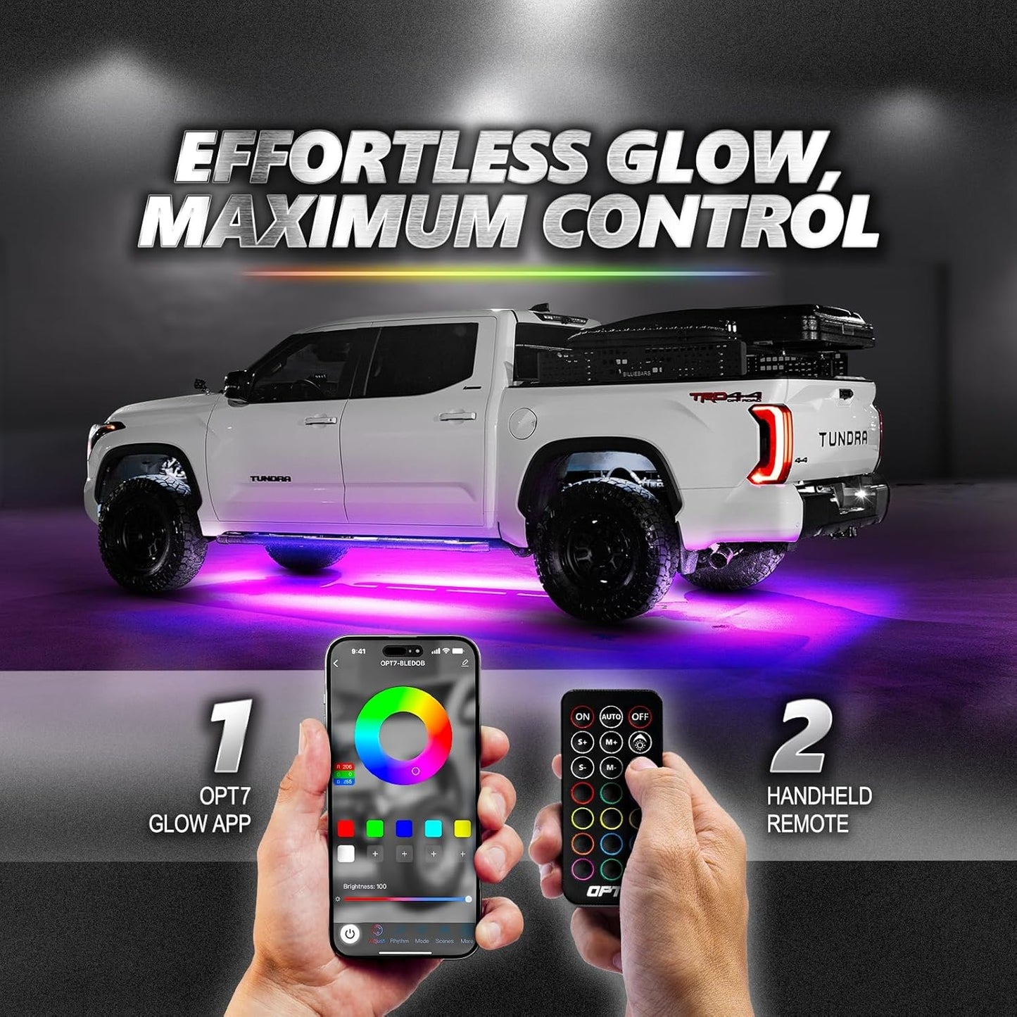 OPT7 Aura Pro RGB LED Grille Lights with App & Remote Control, 4pcs 12" Light Strips, Waterproof Front Grill Valence, Music Sync, Multi-Color Exterior Lighting Kit, Universal for Cars Trucks Vans SUV