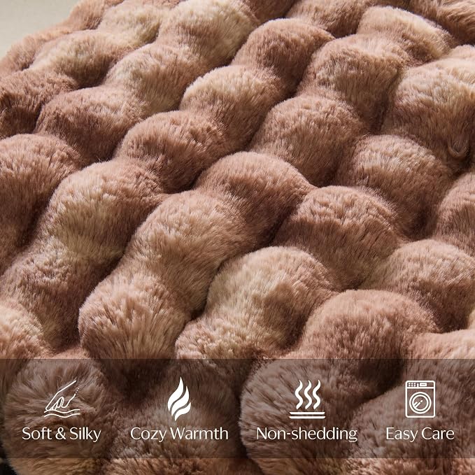 DOWNCOOL Faux Rabbit Fur Throw Blanket, Soft Fluffy Fuzzy Plush Bubble Blanket for Couch Sofa & Bed, Cozy Warm Luxury Fleece Minky Blanket, 60x80 Inches Tie-dye Brown