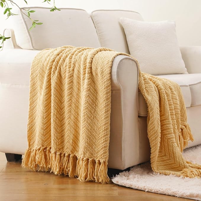 BATTILO HOME Gold Throw Blanket for Couch, Knit Yellow Throw Versatile for Chair, Super Soft Warm Mustard Throw Blanket with Tassels for Twin Bed, Sofa and Living Room, 60"x80"