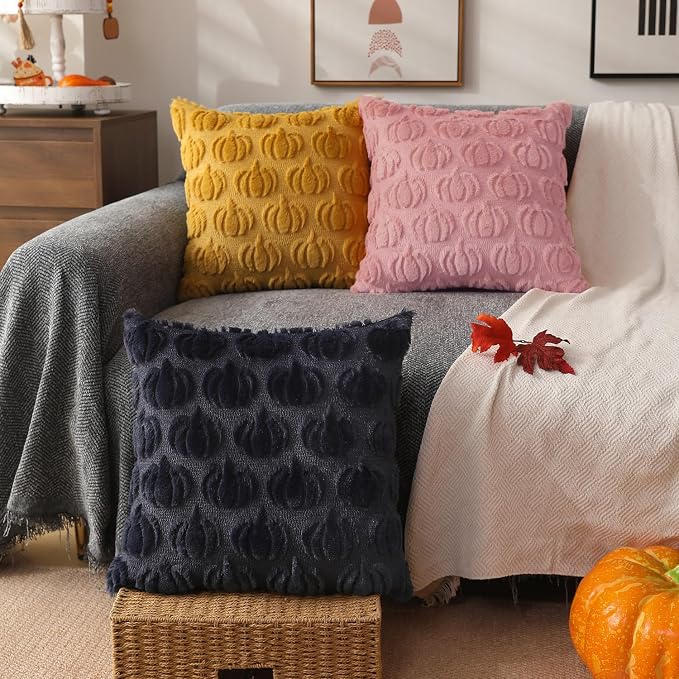 DFXSZ Fall Pillow Covers 16x16 2Pcs Pink Pumpkin Fall Decorations for Home | Fall decor Set of 2 Throw Pillow Cases Soft Plush Faux Fur Wool Couch Cushion for Chair Sofa Bedroom Living Room Home Decor