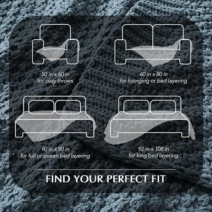 EVERGRACEHOME Chunky Chenille Knit Throw Blanket, 90 x 90, Stormy Blue | Sculpted Moss Stitch, Chic Modern Farmhouse, All-Season Warmth, OEKO-TEX® Certified, Oversized Queen for Couch, Bed, Sofa