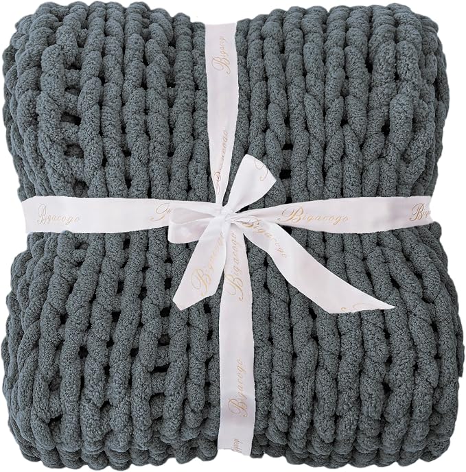 Bigacogo Chunky Knit Throw Blanket for Couch, 51x63 inches, Iron Gray | Hand Knit with Jumbo Chenille, Soft Breathable Cable Knit for Sofa Bed Living Room, Machine Washable, Gift for Mom Friend
