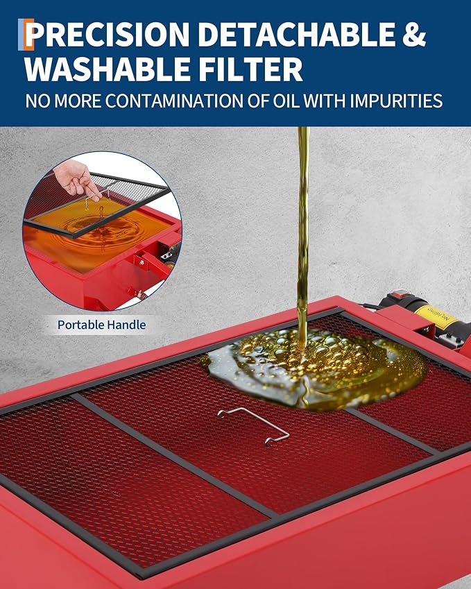 GarveeTech Low Profile Oil Drain Pan 110V, 20 gal Metal Oil Change Pan Cart with 180W Electric Pump, 8 ft Hose & Folding Handle for Cars, SUVs, Trucks, Buses, RVs, Red