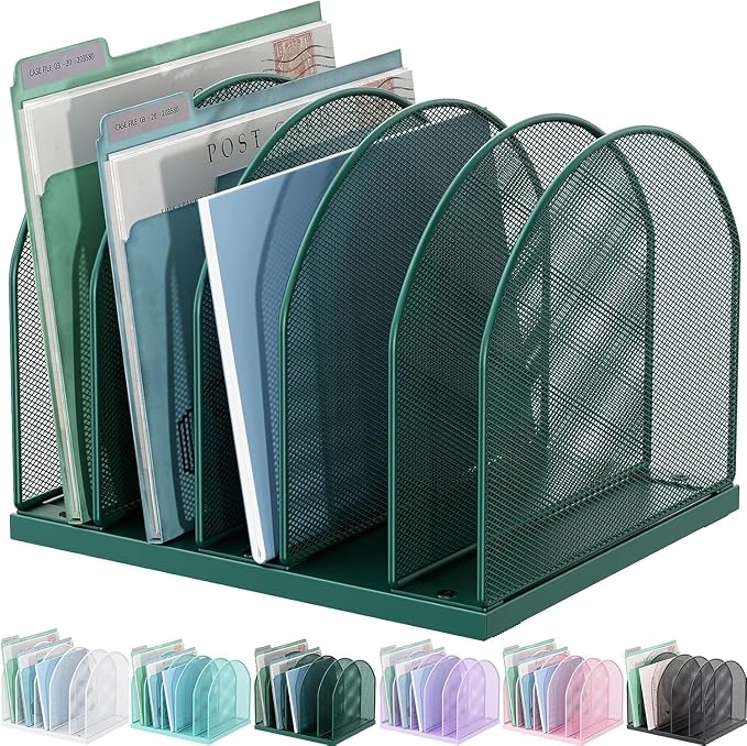 gianotter Desktop File Organizer with 5 Compartments | Desk Organizer Paper Organizer for Desk Workspace Organizers for Office Supplies (Green, Upright Style)