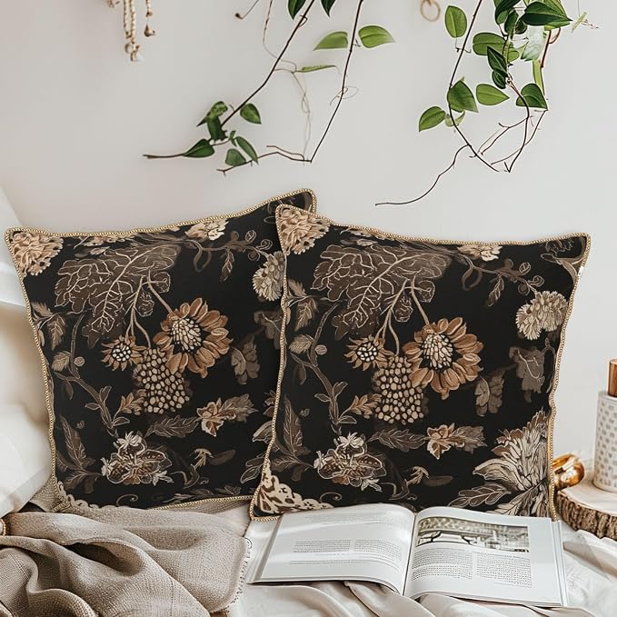 Vintage Black Floral Leaves Velvet Pillow Covers 20x20 Inch Brown Beige Tan Boho Flowers Throw Pillows For Couch Cushion Covers Pillowcase Farmhouse Bohemian Pillow Cases for Sofa Bed Bedroom