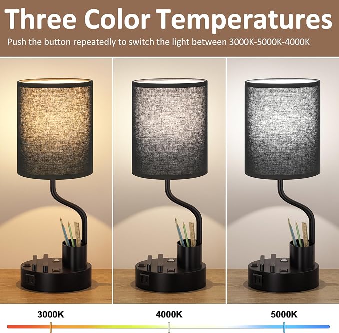 Fenmzee Bedside Lamps for Bedroom Set of 2 - Table Desk Lamp for Nightstand | 15" Table Lamp for Living Room with Pen Holder & Phone Stand, USB A+C Port, AC Outlet, 3 Color Temperature, LED Bulb Included