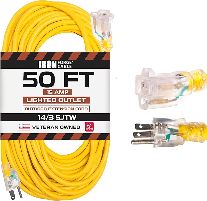 Iron Forge Cable Lighted Outdoor Extension Cord 50 ft - 14 Gauge 15 Amp Heavy Duty Power Extension Cords - SJTW - Great for Major Appliances, Power Tools, Garden Supplies - Yellow