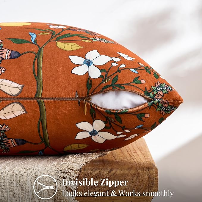 MUSSEL Burnt Orange Floral Vintage Decorative Pillow Covers 18x18 Set of 2 | Soft Velvet,Wild Flower Plant,Throw Pillows Case,Square,Colorful Boho Farmhouse Cushion Covers,Home Sofa Bed Couch Decor