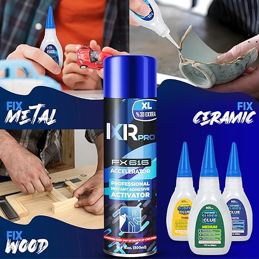 CA Glue with Activator Kit (12x1.75 oz. Thin-Medium-Thick + 4x16.9 fl.oz.) Cyanoacrylate Glue and Activator, Super Glue Accelerator, Super Glue for Wood, Woodworking, Plastic, Guitar, 3D Printing