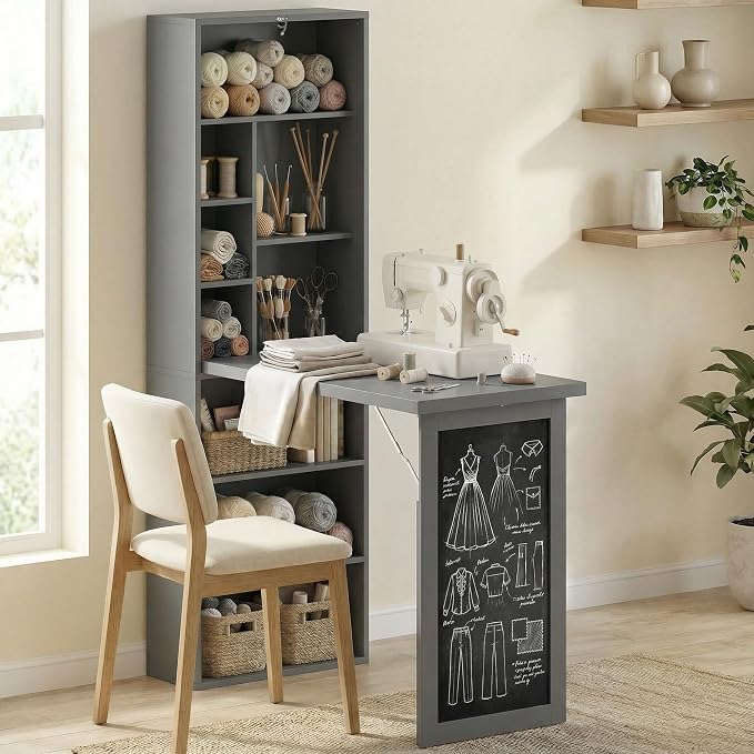 HOMCOM Foldable Desk Wall Mounted Convertible Table for Small Spaces, Gray | Wall Mounted, Space-Saving, Chalkboard, Storage Shelves, for Small Spaces, Home Office, Bedroom, Dorm, Apartment