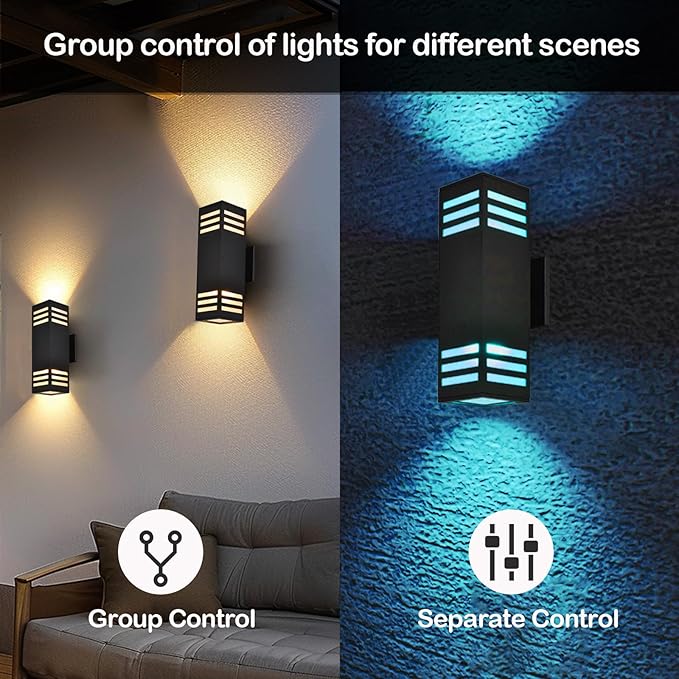 wowlite Up and Down Lights Outdoor Wall Sconce, 1200LM LED Outdoor Light Fixtures Wall Mount Exterior Lights for House, Smart RGBCW Black IP65 Waterproof Porch Lights Works with Remote and App Via Hub