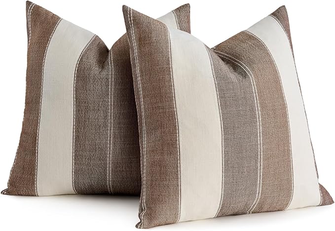 Pack of 2 Farmhouse Stripe Check Throw Pillow Covers Set Case Cotton Linen Decorative Pillowcases Cushion Cover for Couch Bench Sofa 18x18Inch Brown
