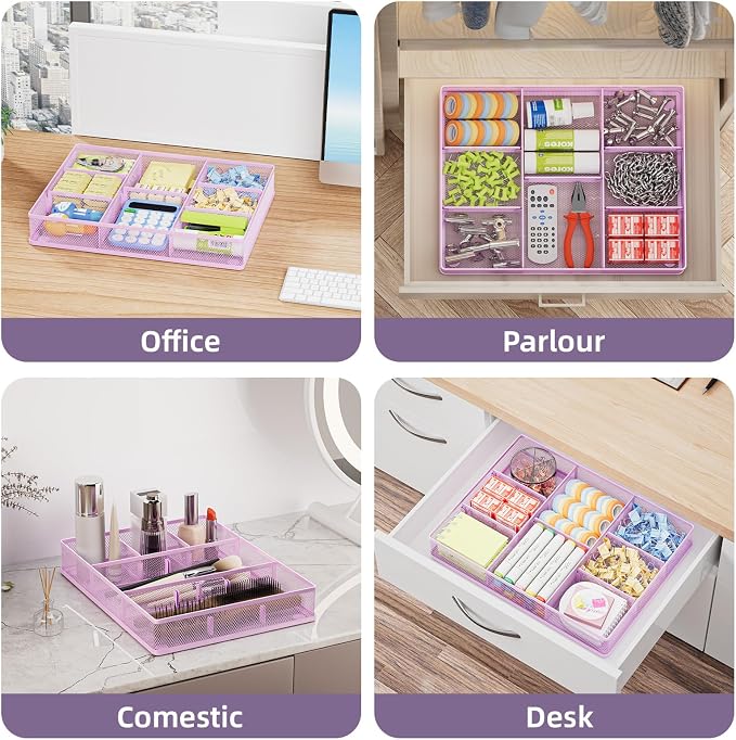 Marbrasse Desk Drawer Organizer, Metal Mesh Drawer Organizer Tray with 5 Adjustable Compartments,Desk Organizers and Accessories for Home,Office,Kitchen,Makeup,Vanity (Purple)