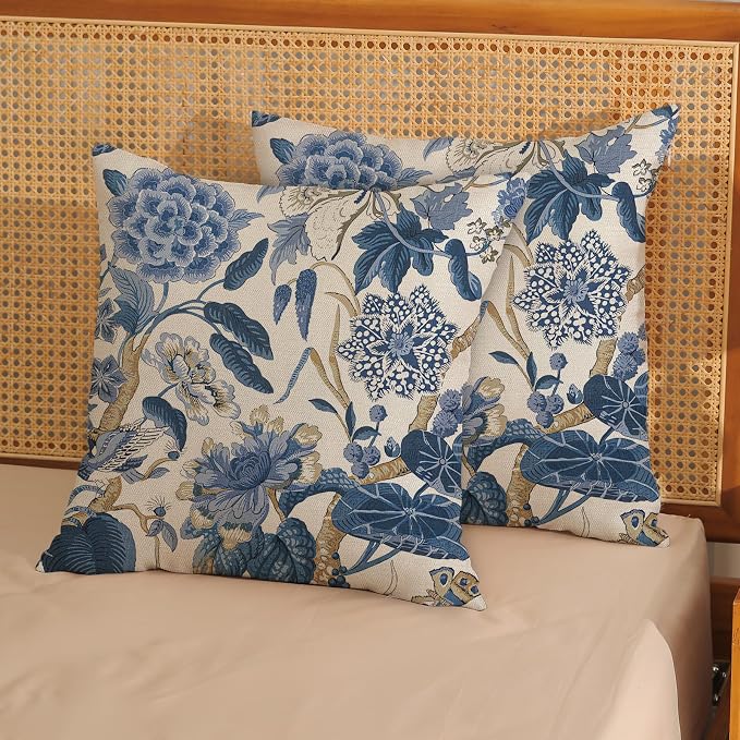 Blue Pillow Covers 22x22 Inch Set of 2 Vintage Blue Floral Throw Pillows Chinoiserie Flower Decorative Pillow Cases Outdoor Linen Farmhouse Cushion Cover for Couch Home Sofa Bed Decorations