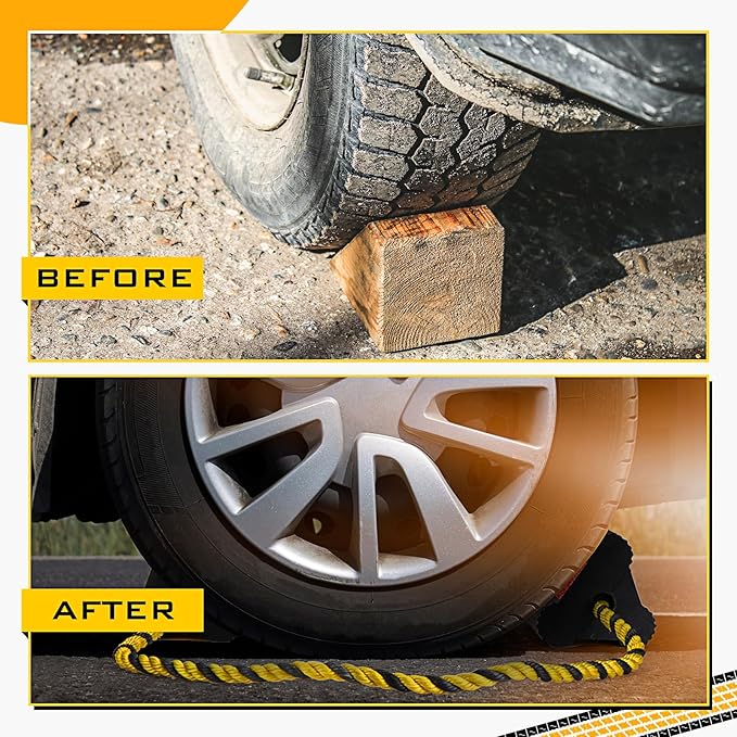 2 Pair Heavy Duty Wheel Chocks for RV Trailer, Rubber Wheel Stoppers, Dual Blocks Front and Back, Non Slip Tire Chock with Nylon Rope Reflective Tape for RVs Travel Trailers Car(Red)