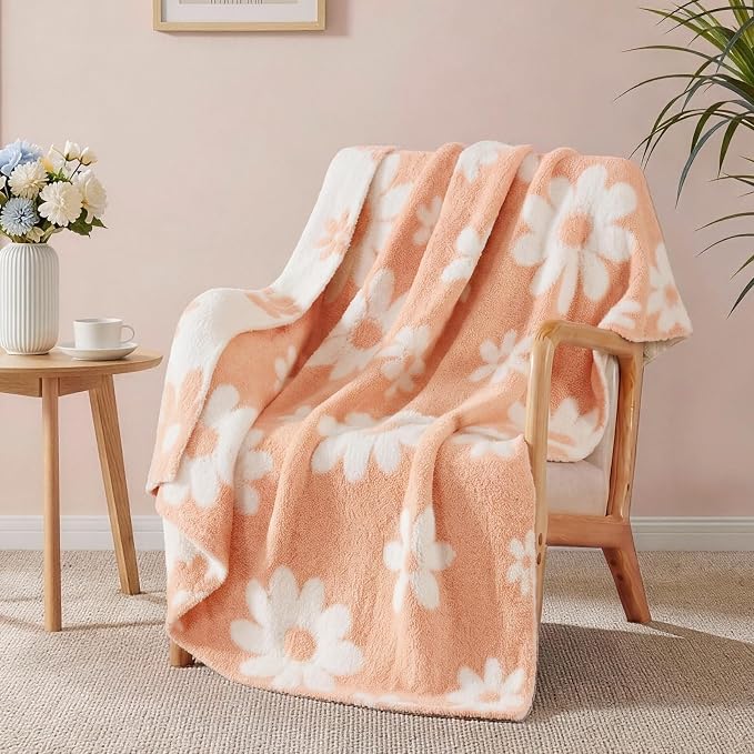 Soft Throw Blanket for Couch-Cozy Reversible Knitted Blankets | Lightweight Warm Fluffy Decor for Women, Mom, Her & Girls, Sofa, Chair, Bed, 50x70in,Daisy Floral Peach Orange