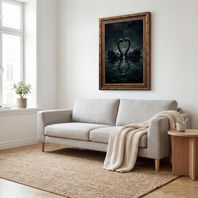 Vintage Gold Framed Gothic Wall Art Moody Love Black Swan Canvas Print | Dark Academia Swan Painting Print, Romantic Vintage Animal Poster Picture Wall decor for Bedroom Living Room Office 8x10 In