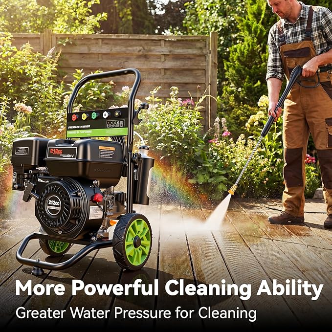 4200PSI Professional Gas Pressure Washer, 4GPM 212CC 7.0 HP 8" Wheels Commercial Gas Power Washer with 1L Foam Bottle 5 Nozzles 25FT Hose for Home Car Fence Driveway (EPA/CARB/ETL Compliant), Black