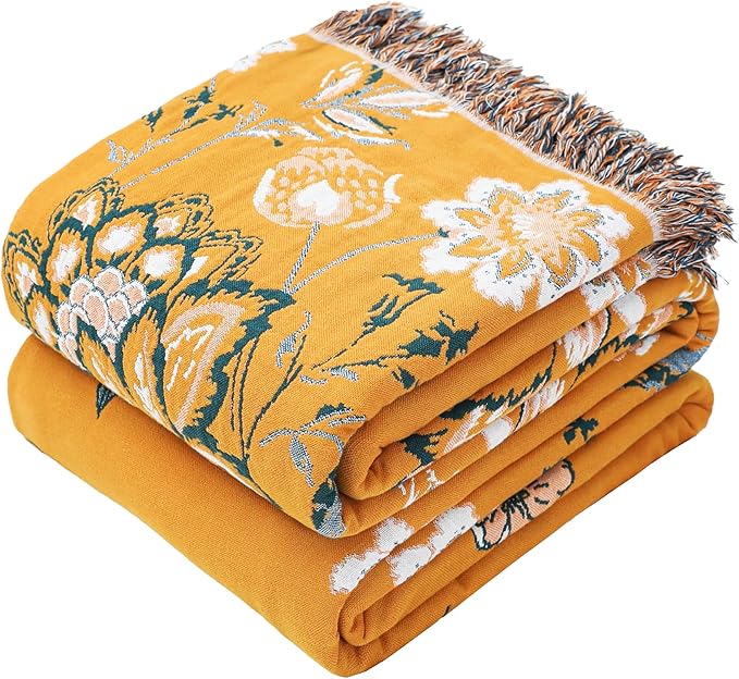 VANJOROY Boho Throw Blanket, 100% Organic Cotton Breathable Skin-Friendly Ultra Soft 50" x 60" Bed Yellow Throw - Floral Rustic Decor Luxury Reversible Blanket for Sofa Couch Chair and Gift,