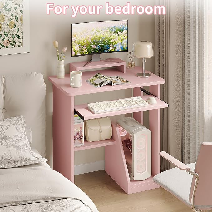 ALISENED 30 Inch Computer Desk, with Keyboard Tray & Monitor Stand | Compact Desk for Space-Saving, Ergonomic Study Desk with Storage Shelves for Writing, Gaming, Working, Pink