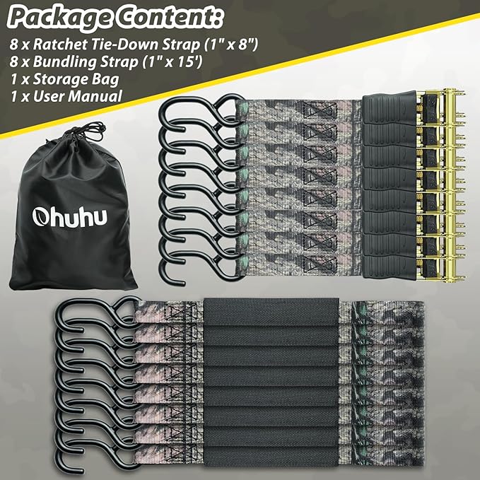 Ratchet Tie Down Strap 8-Pack 15 FT - 500 lbs Load Cap with 1500 lbs Breaking Strength Limit, Ohuhu Ratchet Tie Down Logistic Cargo Straps for Moving Appliances Cargo Motorcycle Lawn Equipment
