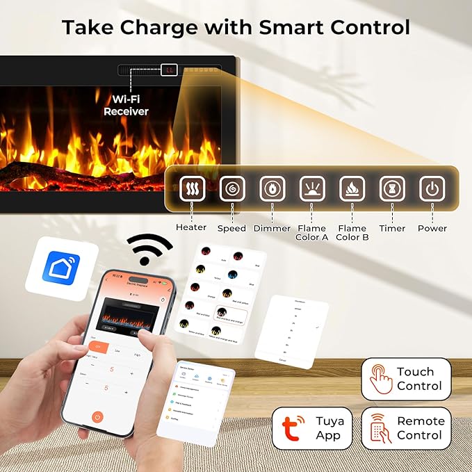68" Smart WiFi Electric Fireplace with Sound Crackling Narrow Bezel Recessed and Wall Mounted Fireplace Heater with App, Remote Control, Log Flame Option, 750/1500W
