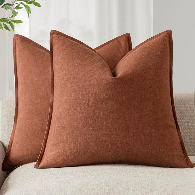 Foindtower Pack of 2, Decorative Linen Solid Throw Pillow Covers Soft Accent Cushion Case Farmhouse Neutral Pillowcase for Chair Couch Sofa Bedroom Living Room Home Decor 16 x 16 Inch Fall Rust Orange