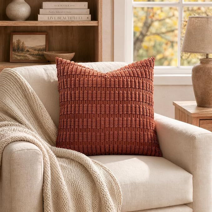 MIULEE Fall Pack of 2 Corduroy Decorative Throw Pillow Covers 18x18 Inch Soft Boho Striped Pillow Covers Modern Farmhouse Home Decor for Sofa Living Room Couch Bed Rust