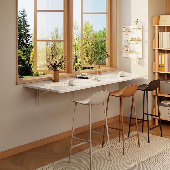 IAE 55x22in Floating Fold Desk,Wall-Mounted Folding Computer Table,White | Study Table with Shelf Brackets,Foldable Down Shelf with Engineered Wood,Fold Computer Desk for Small Apartment,Holds 514 lb